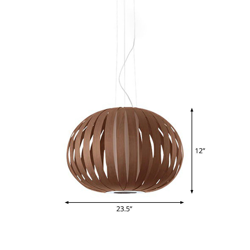 Wood Veneer Global Pendant Lamp Asian 1 Head Suspended Lighting Fixture for Restaurant