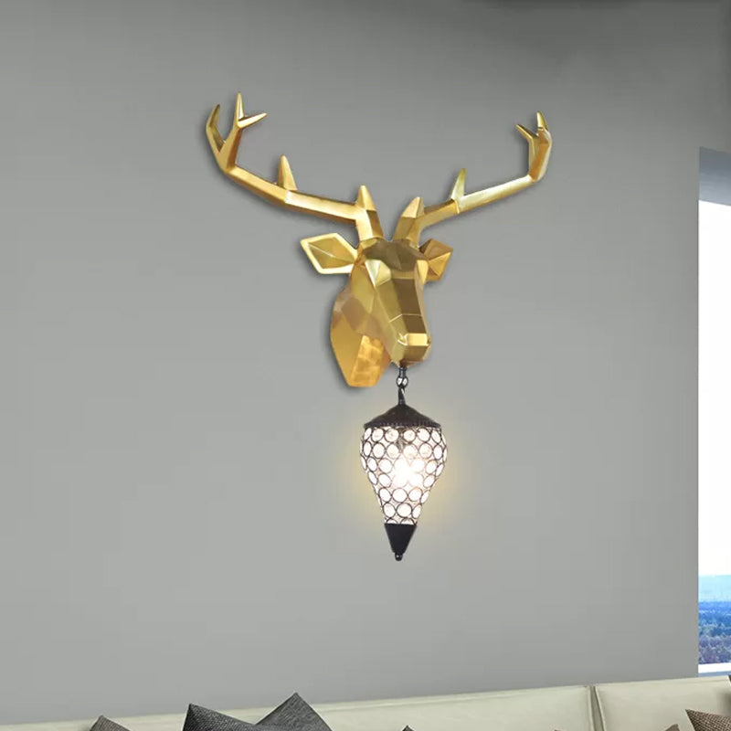 1 Light Wall Lamp Country Deer Resin Sconce Light Fixture in Black/Gold with Teardrop Crystal Shade