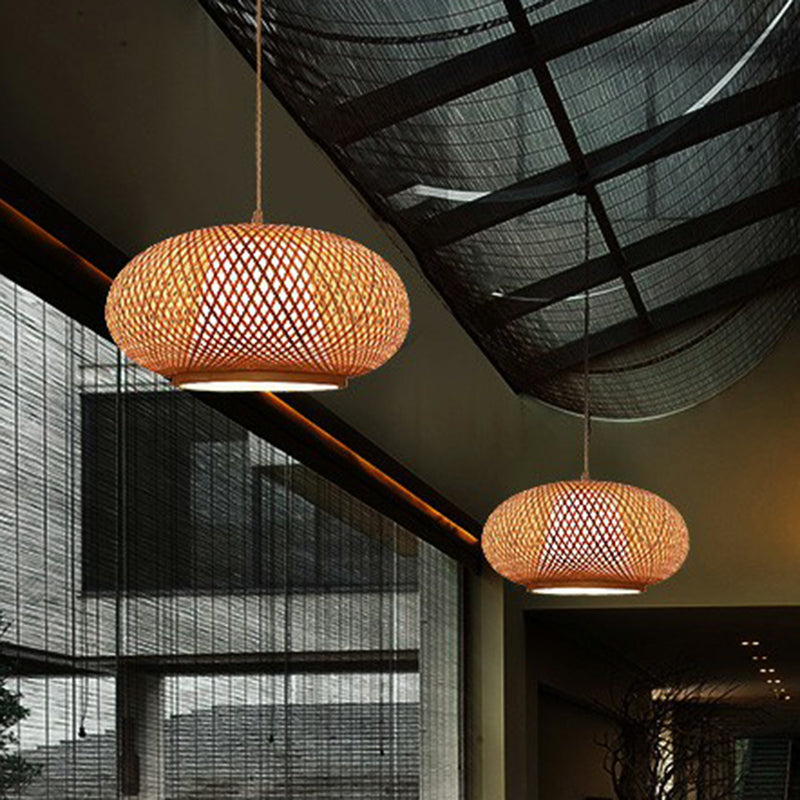 Wood Lantern Pendant Light Fixture Chinese 1 Bulb Bamboo Hanging Lamp for Tea Room