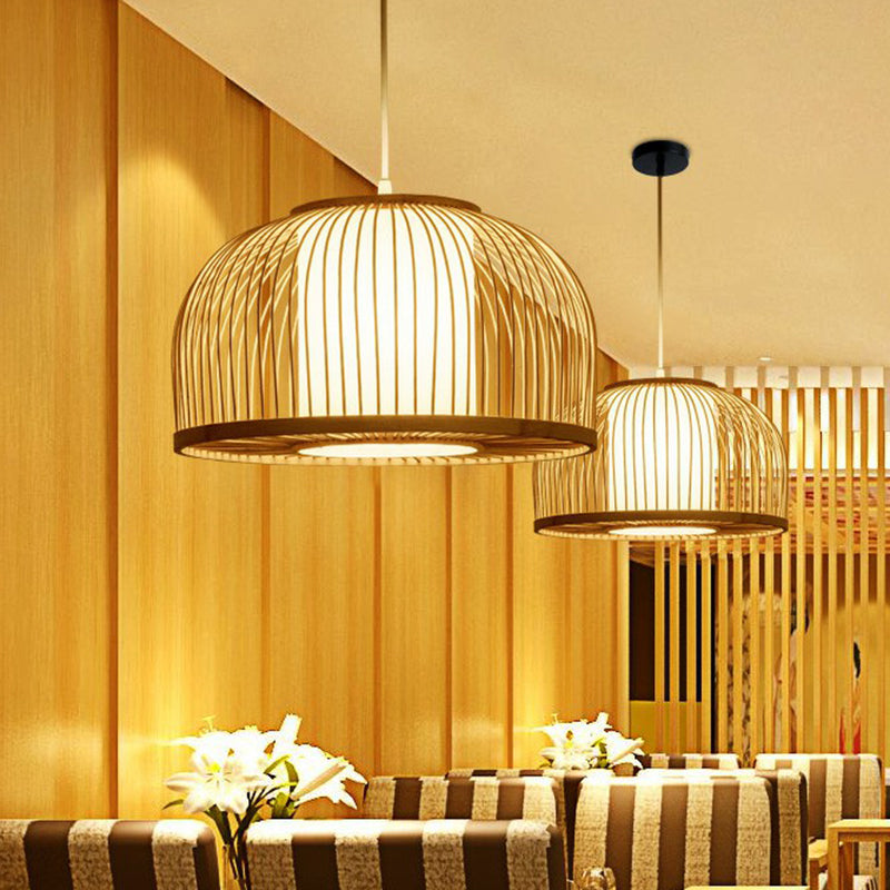 1 Bulb Restaurant Hanging Lighting Minimalist Wood Drop Pendant with Bowl Cage Bamboo Shade