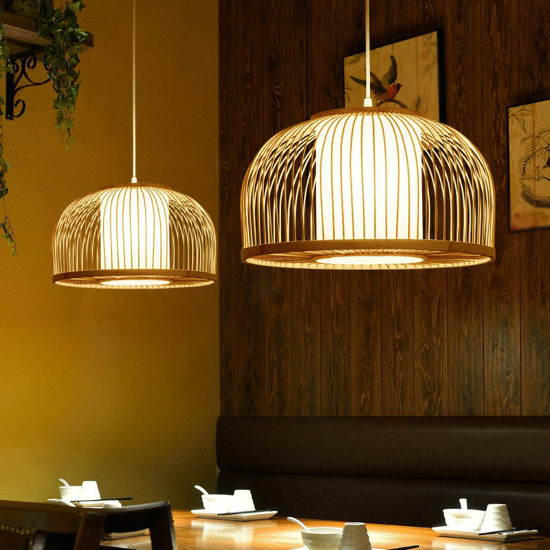 1 Bulb Restaurant Hanging Lighting Minimalist Wood Drop Pendant with Bowl Cage Bamboo Shade