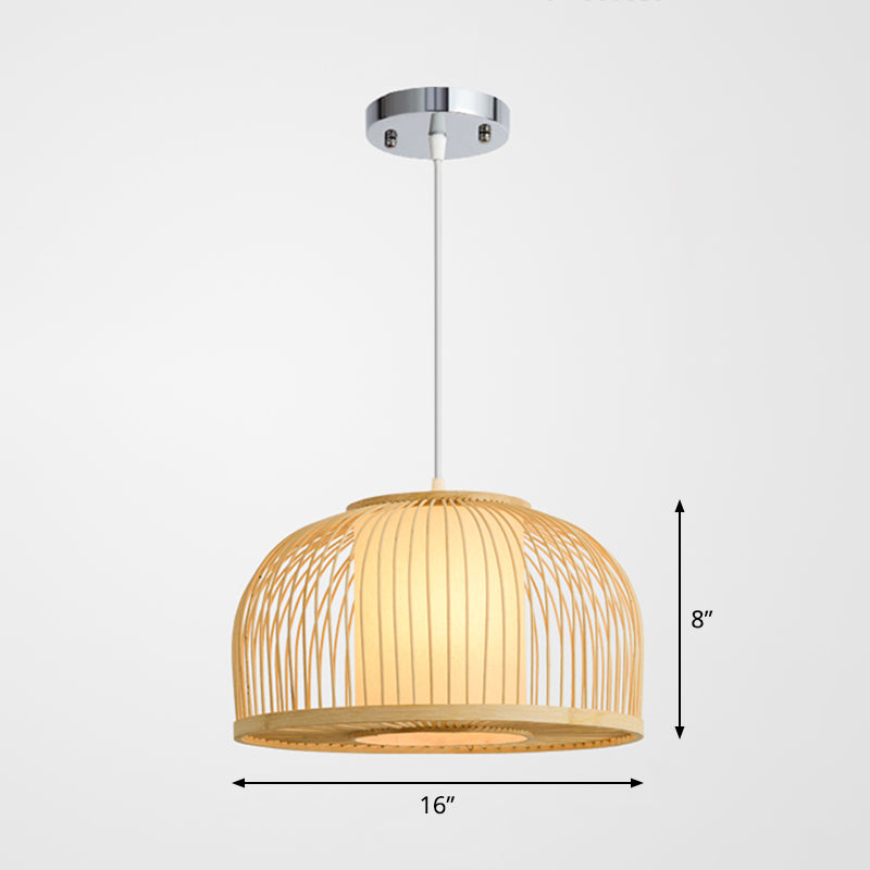 1 Bulb Restaurant Hanging Lighting Minimalist Wood Drop Pendant with Bowl Cage Bamboo Shade
