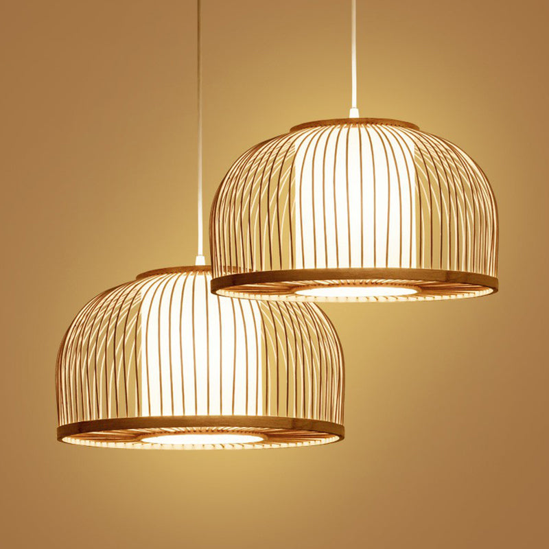 1 Bulb Restaurant Hanging Lighting Minimalist Wood Drop Pendant with Bowl Cage Bamboo Shade