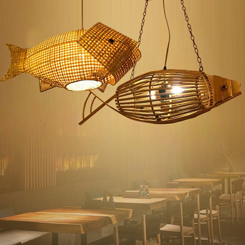 Bamboo Woven Fish Shaped Pendant Ceiling Light Asian 1-Bulb Beige Suspension Lighting for Restaurant
