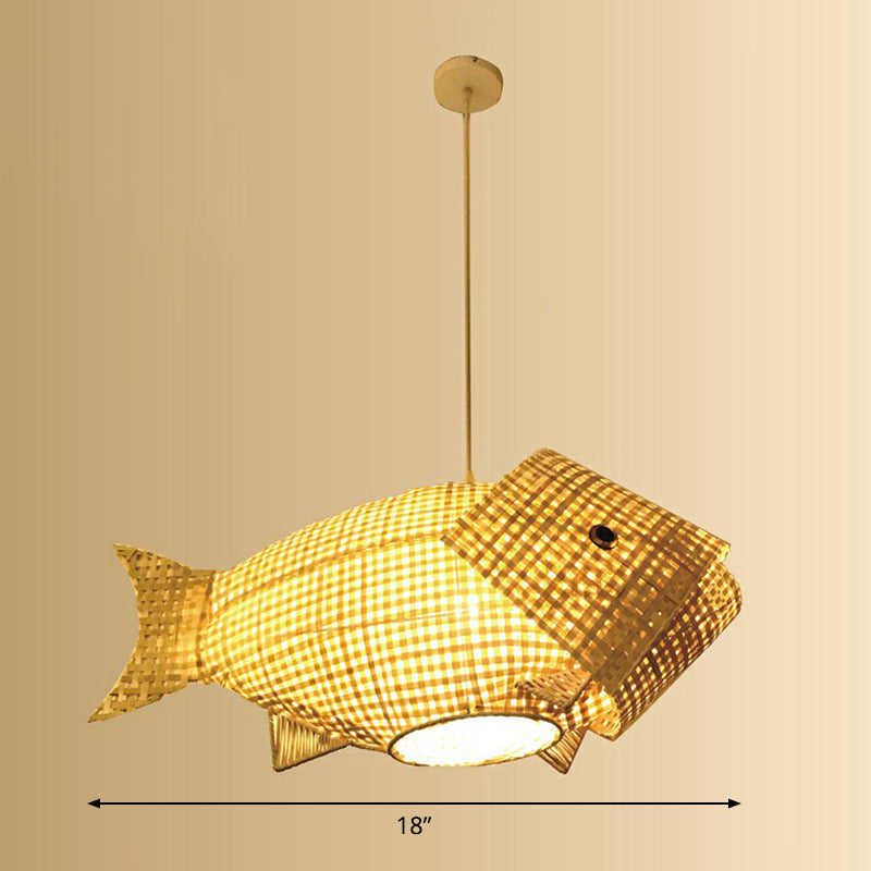 Bamboo Woven Fish Shaped Pendant Ceiling Light Asian 1-Bulb Beige Suspension Lighting for Restaurant