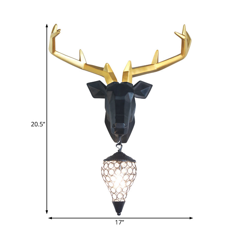 1 Light Wall Lamp Country Deer Resin Sconce Light Fixture in Black/Gold with Teardrop Crystal Shade
