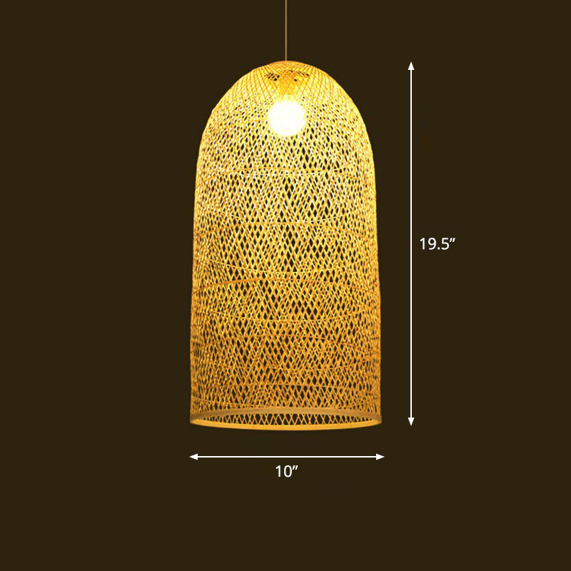 Woven Shade Suspension Light Minimalistic Bamboo 1-Head Beige Hanging Ceiling Light