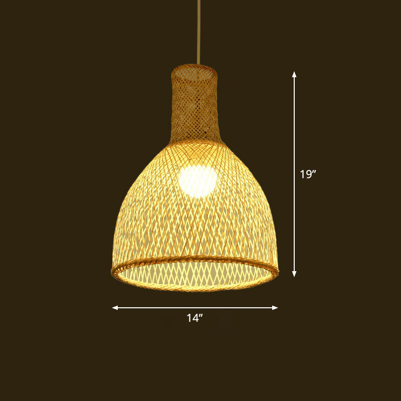 Woven Shade Suspension Light Minimalistic Bamboo 1-Head Beige Hanging Ceiling Light