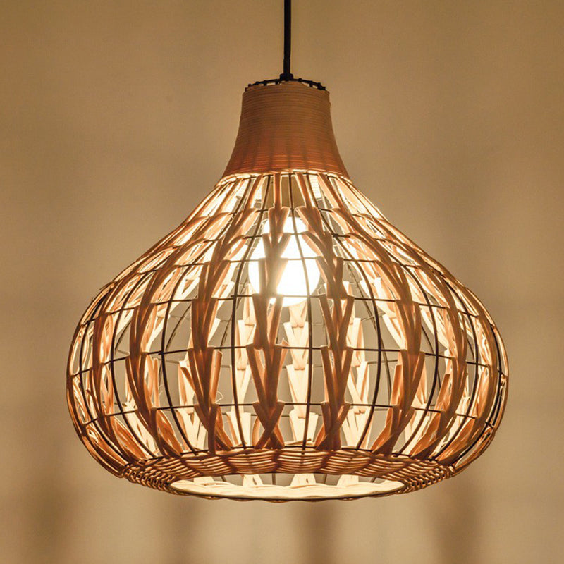 Pear Shaped Suspended Lighting Fixture Rustic Bamboo Single Restaurant Pendant Light in Wood