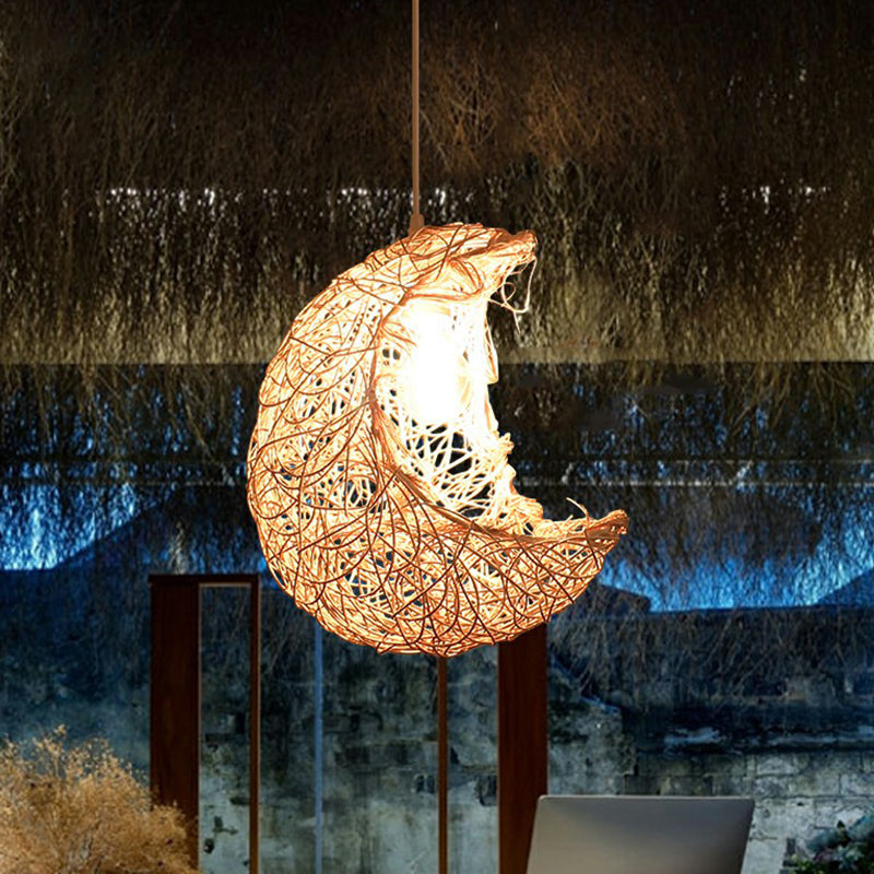 Crescent Shaped Rattan Pendant Light Modern 1 Head Wood Hanging Light for Restaurant
