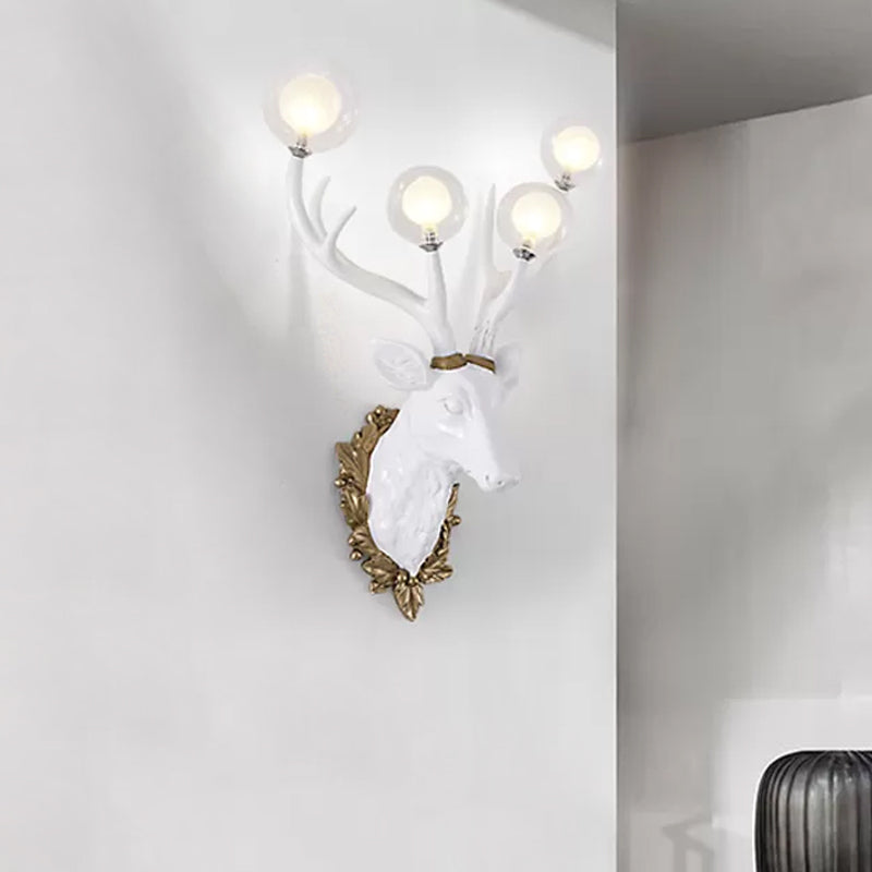 4 Bulbs Deer Sconce Lamp Vintage White/Gold Resin Wall Lighting with Round Glass Shade, 17"/21.5" W