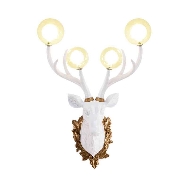 4 Bulbs Deer Sconce Lamp Vintage White/Gold Resin Wall Lighting with Round Glass Shade, 17"/21.5" W