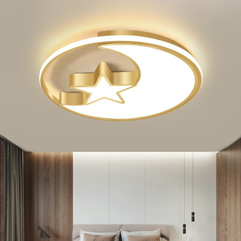 Metal Moon and Star Flushmount Light Simplicity Golden Ceiling Lamp for Childrens Bedroom
