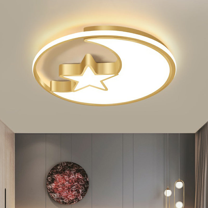 Metal Moon and Star Flushmount Light Simplizität Golden Ceiling Lamp for Childrens Bedroom
