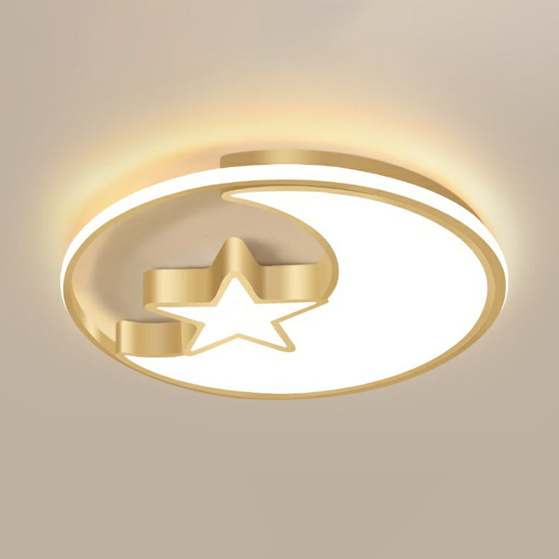 Metal Moon and Star Flushmount Light Simplicity Golden Ceiling Lamp for Childrens Bedroom