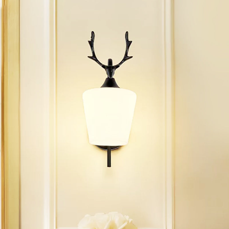 1 Light Metal Wall Lighting Country Black/Gold Antler Living Room Sconce Light Fixture with Frosted Glass Shade