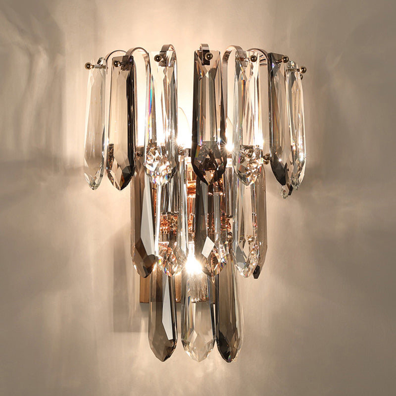 Clear and Smoke Crystal Tiers Sconce Light Simplicity 3-Head Wall Mount Light for Hallway
