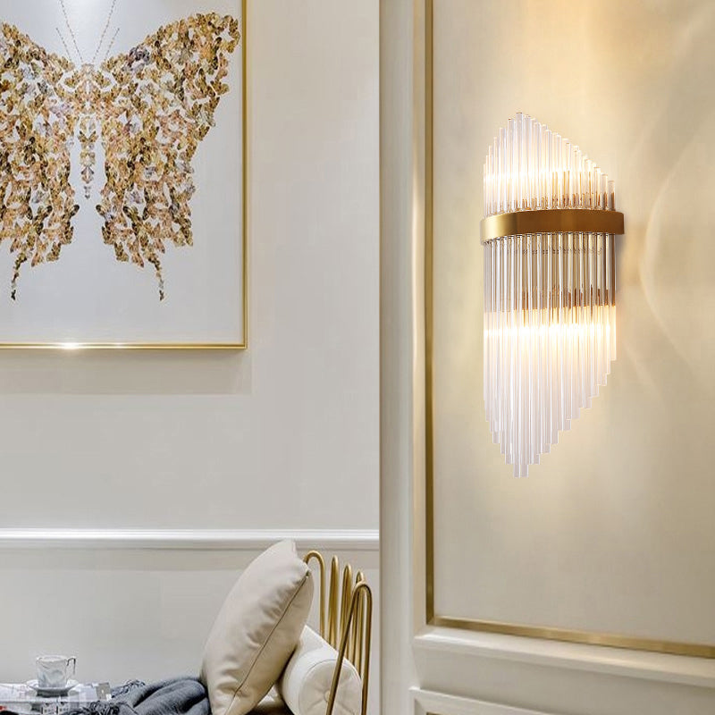 Gold Rhombus Shaped Wall Lamp Fixture Simplicity 2-Light Glass Rod Sconce Lighting