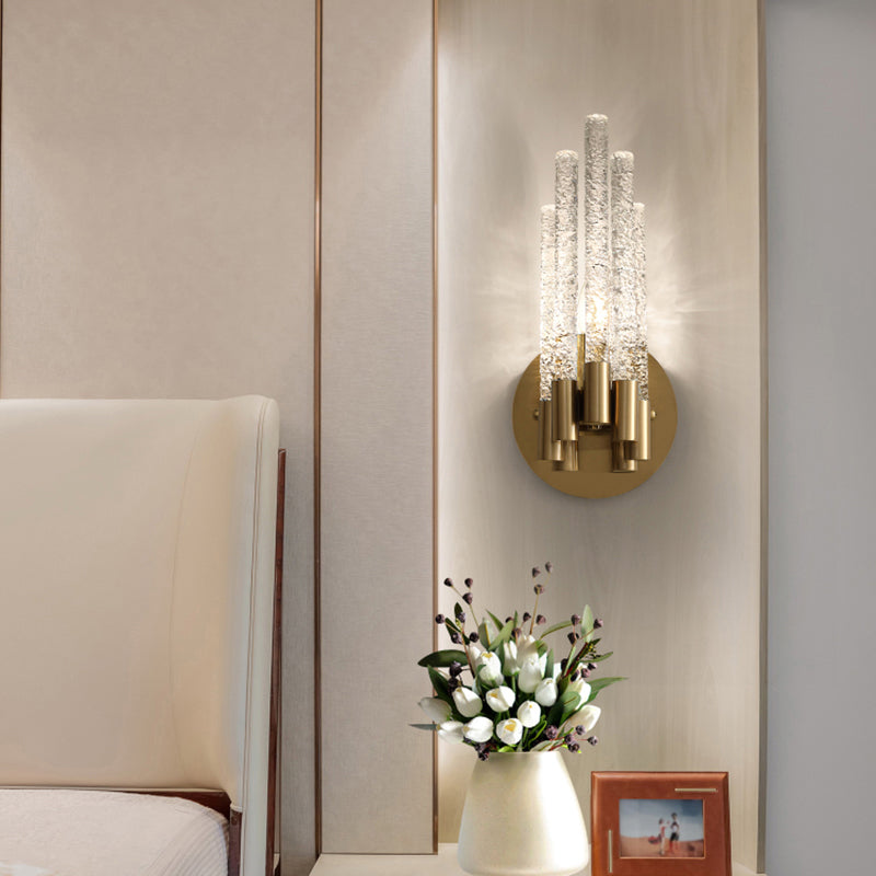 Tubular Sconce Lighting Simple Style Clear Rippled Crystal 2-Head Bedroom Wall Light in Brass
