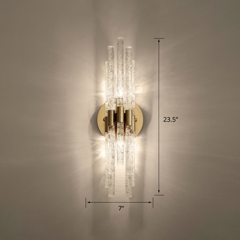 Tubular Sconce Lighting Simple Style Clear Rippled Crystal 2-Head Bedroom Wall Light in Brass