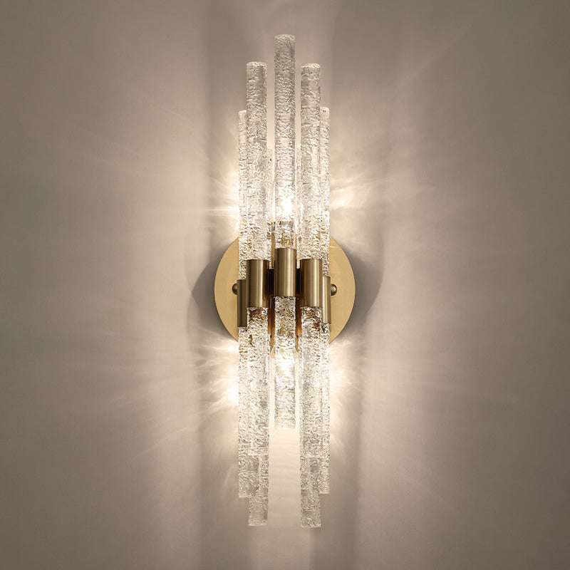 Tubular Sconce Lighting Simple Style Clear Rippled Crystal 2-Head Bedroom Wall Light in Brass