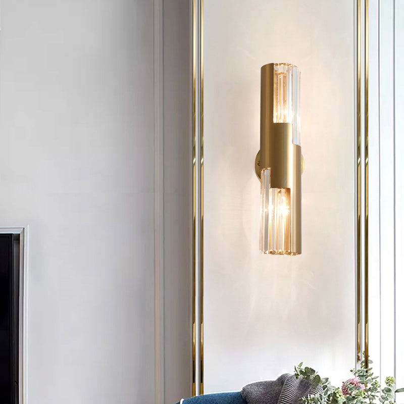Pole Shaped Living Room Wall Sconce K9 Crystal 2-Bulb Minimalist Wall Mount Lamp in Gold