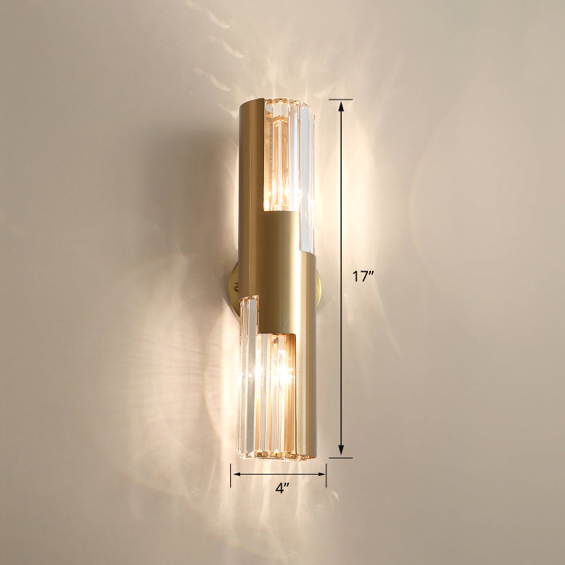 Pole Shaped Living Room Wall Sconce K9 Crystal 2-Bulb Minimalist Wall Mount Lamp in Gold