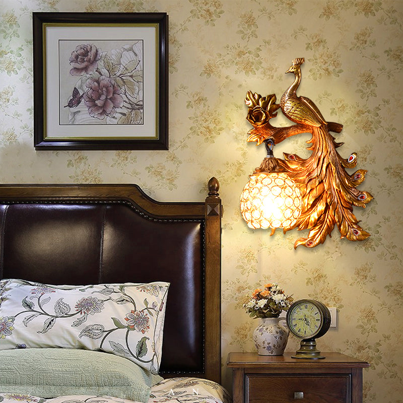 Pfauen Schlafzimmer Wandleuchte Landharz 1 Hellgrün/goldene Leuchtenlampe mit Kugelkristallschatten, links/rechts