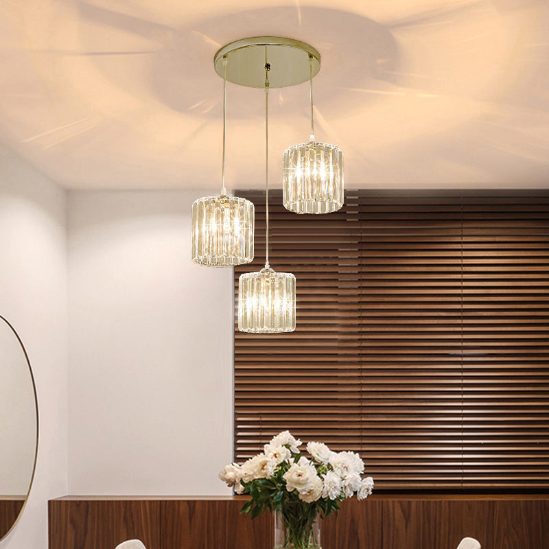 Minimalist 3-Head Cluster Pendant Cylindrical Hanging Light with Crystal Shade for Dining Room