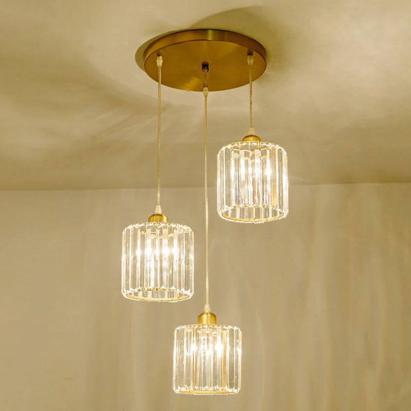 Minimalist 3-Head Cluster Pendant Cylindrical Hanging Light with Crystal Shade for Dining Room