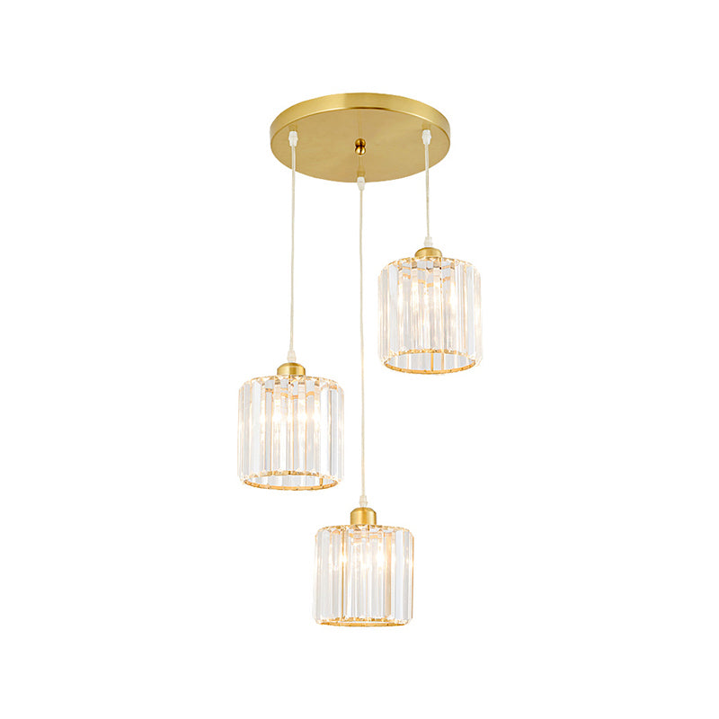 Minimalist 3-Head Cluster Pendant Cylindrical Hanging Light with Crystal Shade for Dining Room
