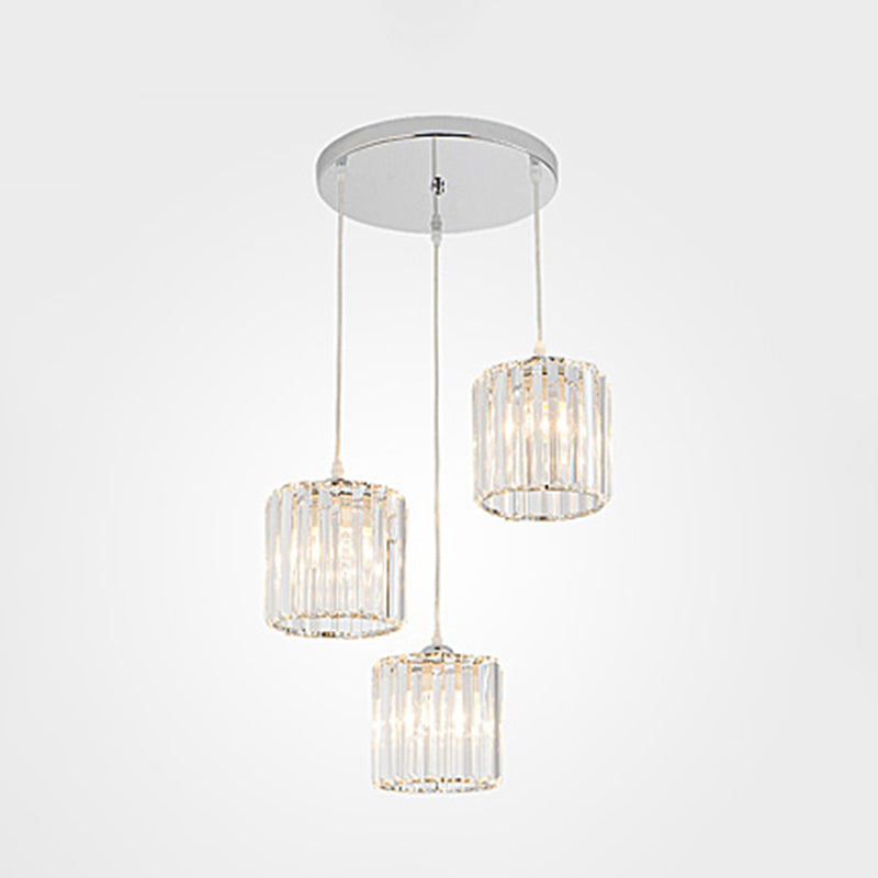 Minimalist 3-Head Cluster Pendant Cylindrical Hanging Light with Crystal Shade for Dining Room