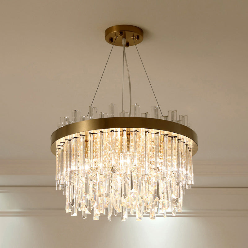 Round Chandelier Light Fixture Modern K9 Crystal Brass Suspension Lamp for Bedroom