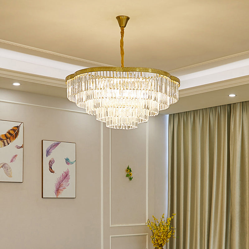 Brass Floral Layers Pendant Lamp Postmodern Crystal Prism Chandelier Light for Dining Room