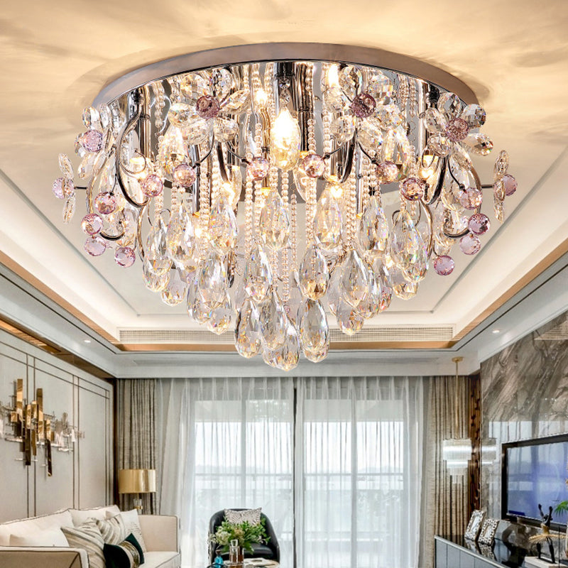 Lampada da incasso a goccia in cristallo con montaggio a soffitto, moderna, con finitura cromata, per camera da letto