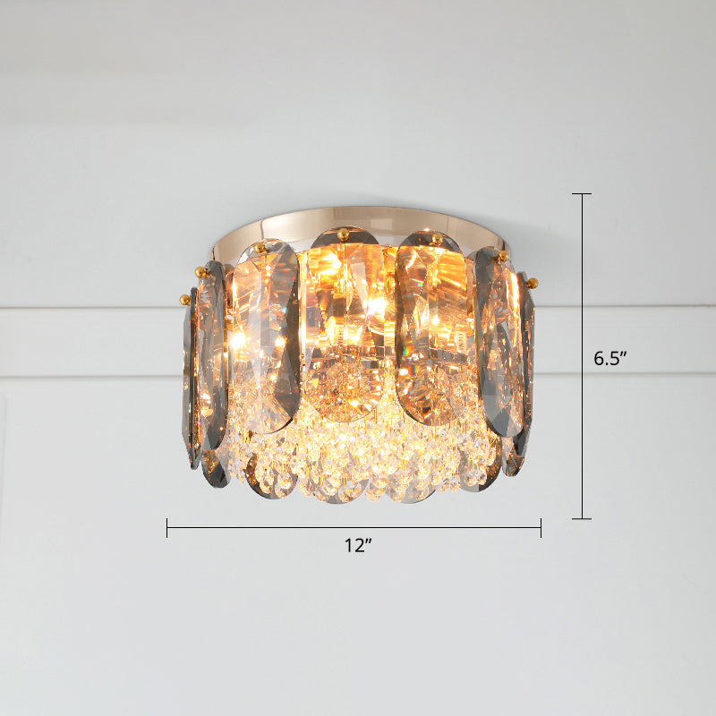 Brass Drum Shaped Flushmount Lighting Modern 3 Lights Crystal Ceiling Light for Corridor