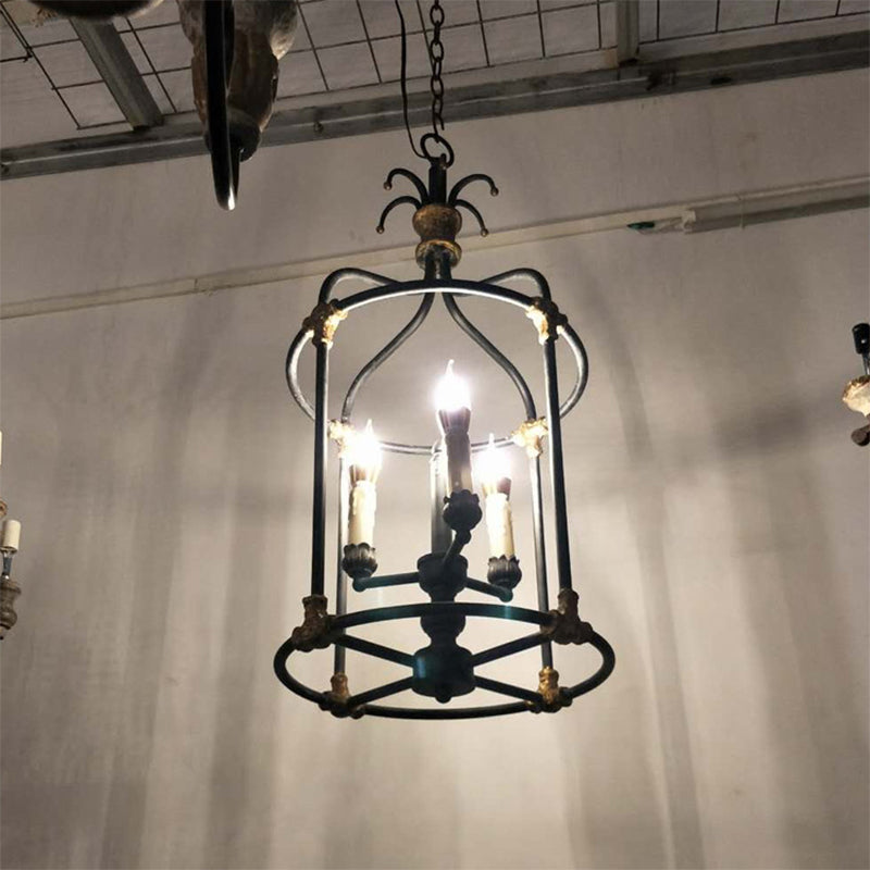 Black 3 Lights Chandelier Lighting Rustic Metal Bird Cage Pendant Lamp for Bedroom