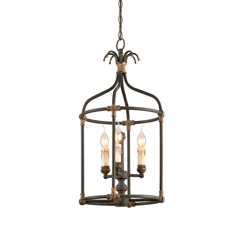 Black 3 Lights Chandelier Lighting Rustic Metal Bird Cage Pendant Lamp for Bedroom