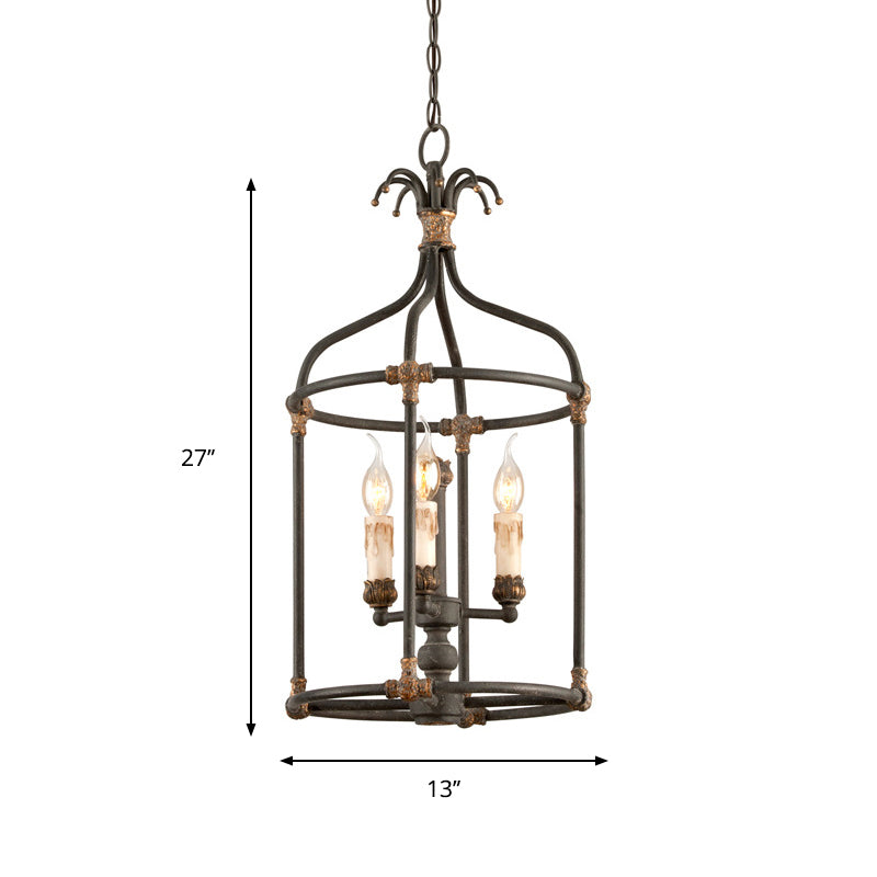 Black 3 Lights Chandelier Lighting Rustic Metal Bird Cage Pendant Lamp for Bedroom