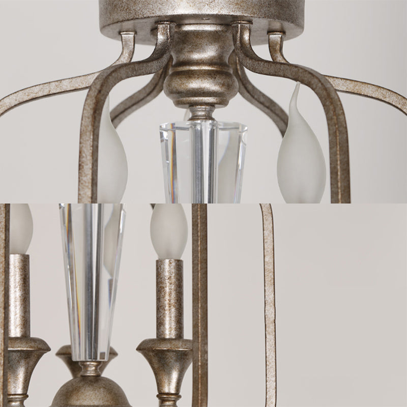 Traditionelle Käfig -Hängelampe 3 Lampenlampen -Metallleuchterleuchte mit Kristallakzent in gealtertem Silber
