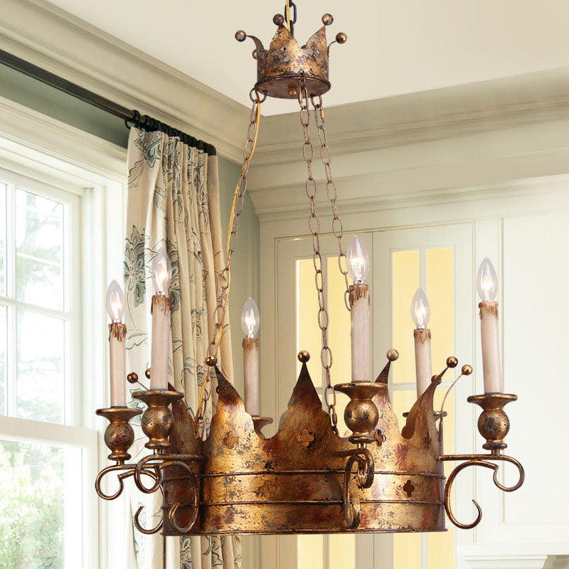 Pendre suspendu de la couronne de campagne 6 lumières du plafond en métal Chandelier en laiton antique pour le salon