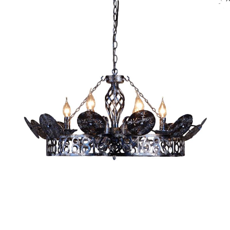6-Light Wagon Wheel Chandelier Light Traditional Black Metal Suspension Pendant for Cafe