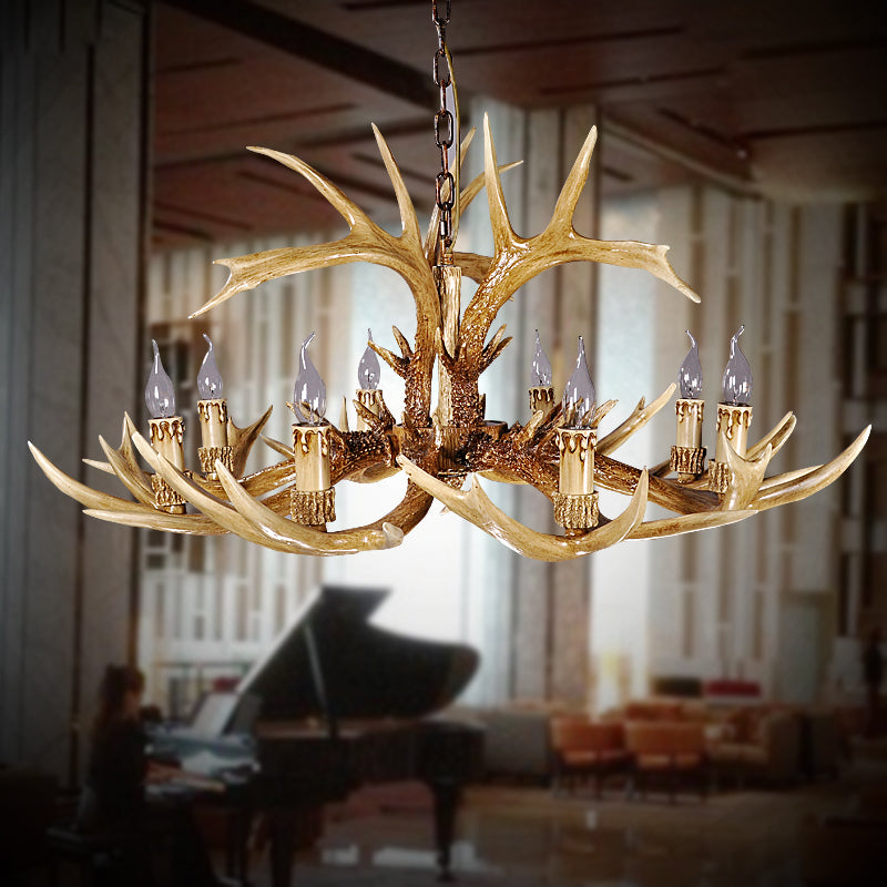 Traditional Antler Shaped Hanging Lamp 8 Bulbs Resin Chandelier Light Fixture in Brown