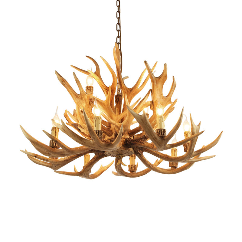 Village Candelabra Hanging Pendant 12 Lights Resin Ceiling Chandelier with Antler in Brown for Living Room