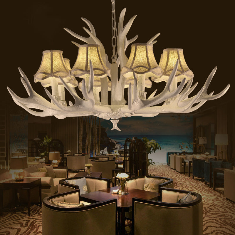 8 têtes Résine Chandelier Style Rustique Cône blanc Shade Salon Pendante Lumière avec bois