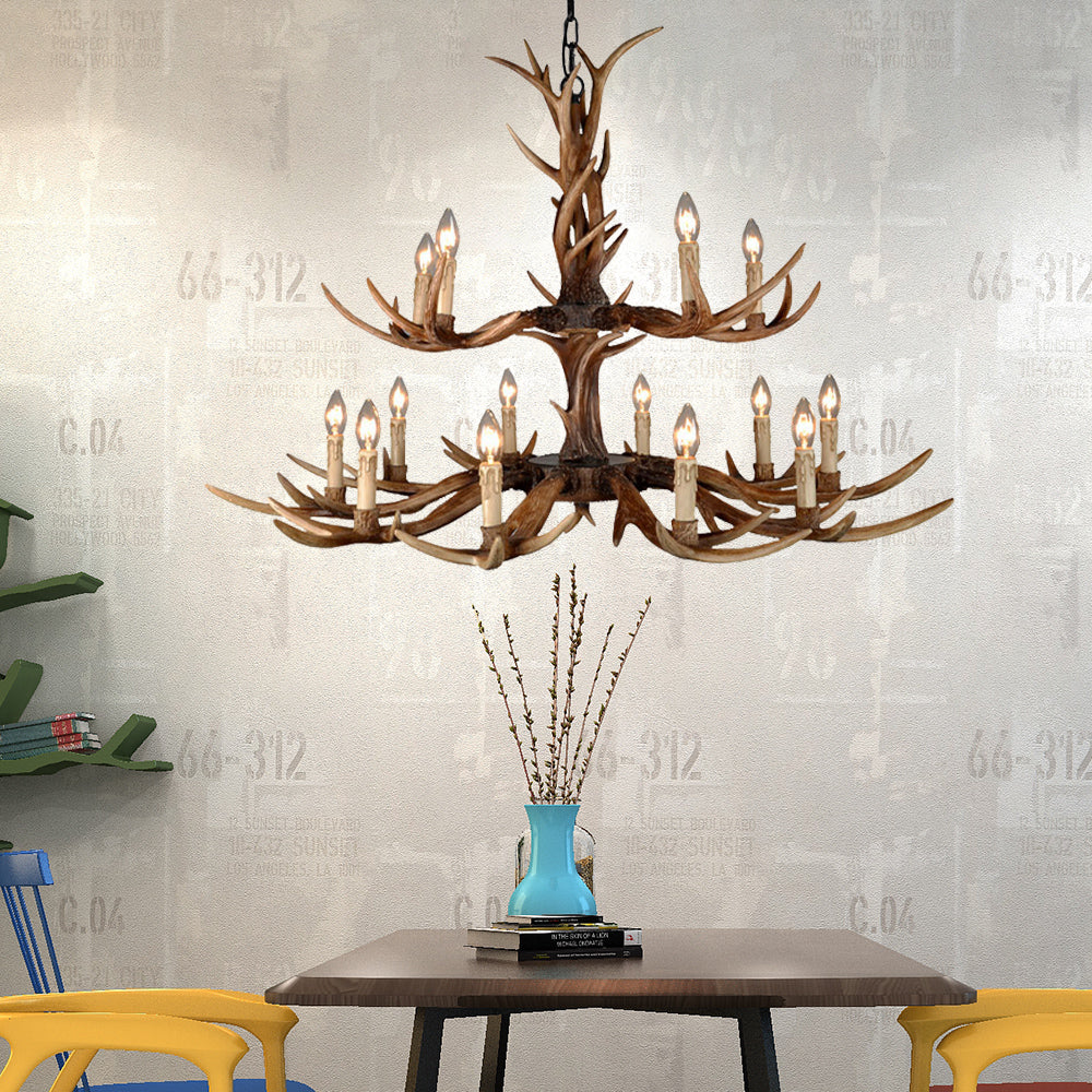 Countryside Faux Antler Hanging Pendant 6/8/10 Lights Resin Ceiling Chandelier in Brown for Living Room