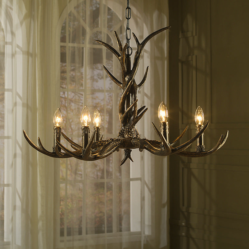6/8/10-Light Chandelier Light Rustic Study Suspension Pendant with Resin Antler in Brass