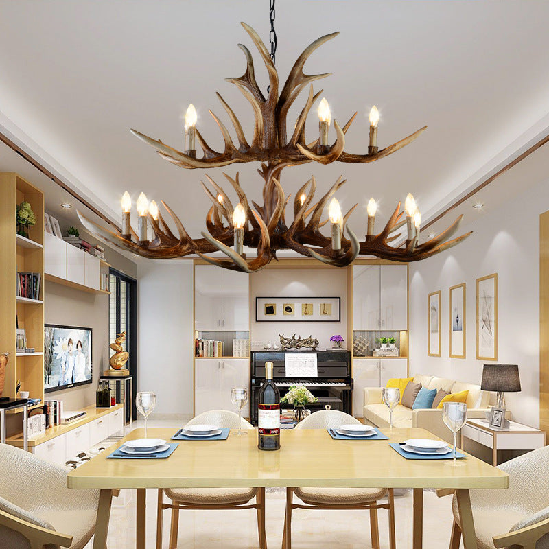Resin Candelabra Chandelier Lamp Farmhouse 6/10/15-Head Bedroom Pendant Ceiling Light in Brown