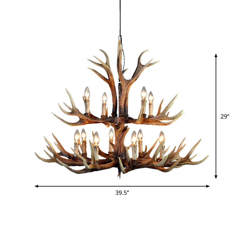 2-Tier Hanging Lamp Rustic Resin 12/15 Bulbs Brown Chandelier Pendant Light for Kitchen Island