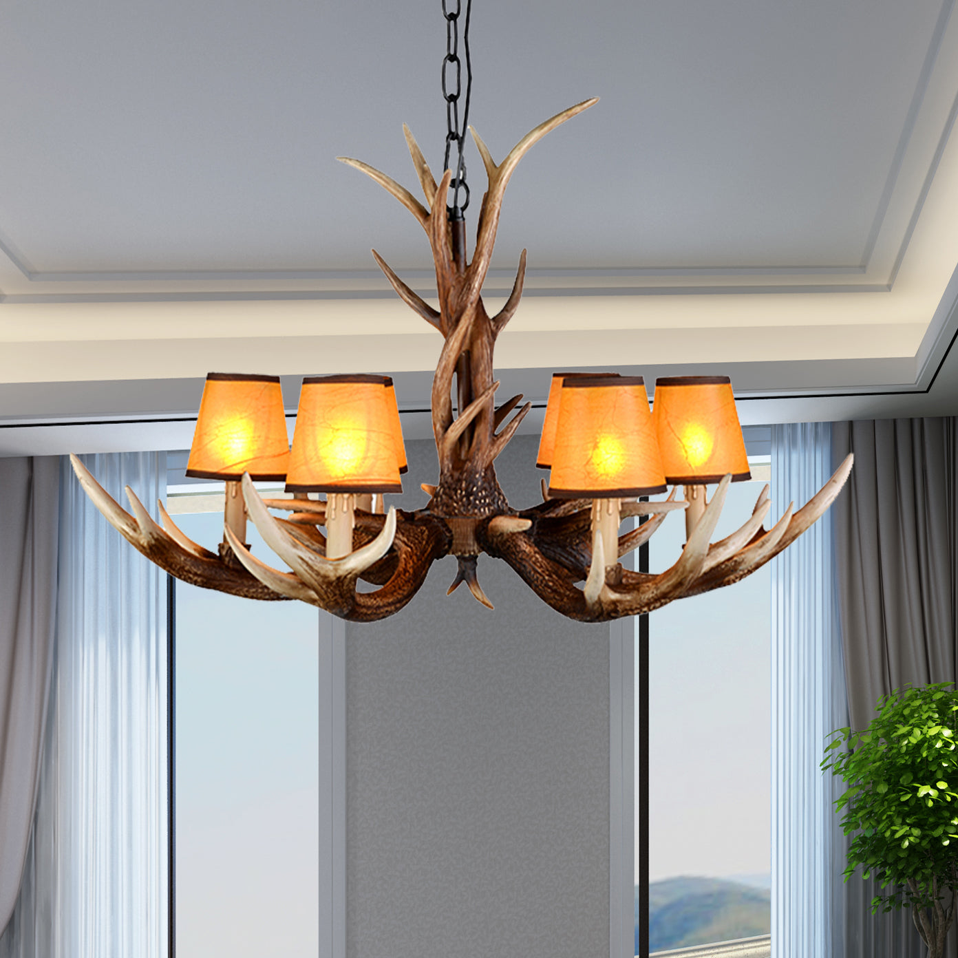 Cone Resin Ceiling Lamp Traditional 6/8/10-Head Living Room Chandelier Pendant Light with Adjustable Chain in Brown